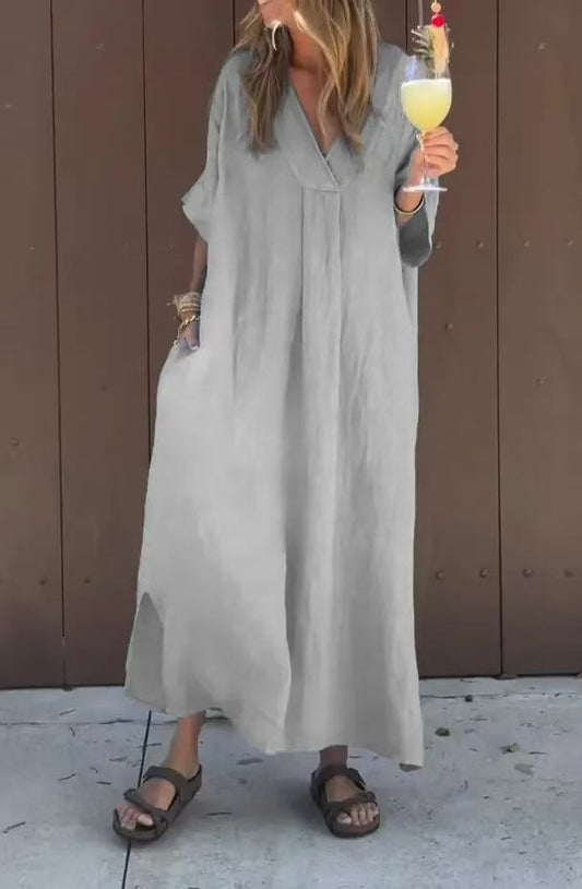 LinenEase V-Neck Maxi – Mit Taschen & Flow